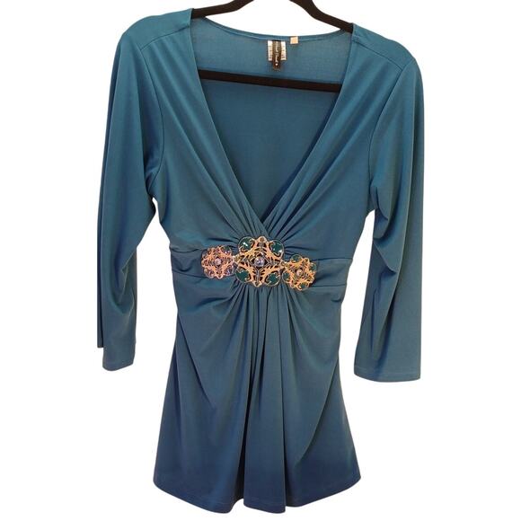 Y2K Heart Soul Teal Embellished V-Neck Top Ruched 3/4 Sleeve Size Large Bling - Picture 1 of 8